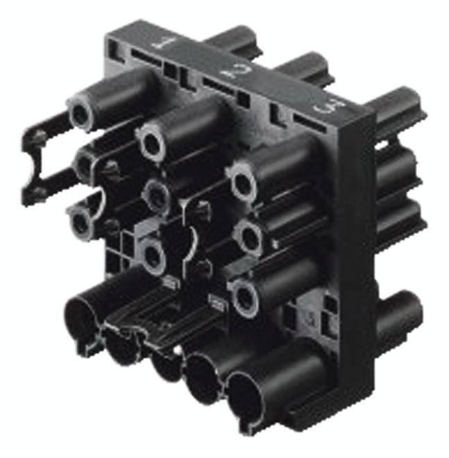 Schwarzer elektrischer Steckverbinder mit mehreren Anschlüssen und rechteckiger Bauform, geeignet für technische Anwendungen.