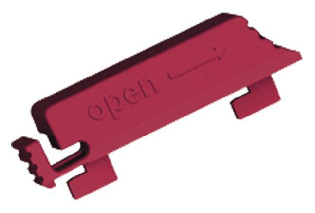 Roter Verschlussclip mit dem Wort 'open' und einem Pfeil für die Öffnungsrichtung. Verwendet zum einfachen Öffnen von Verpackungen.