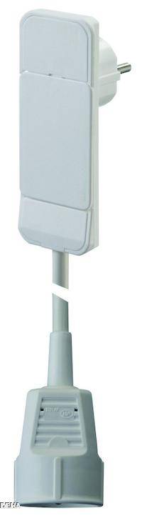 Ein weißes, vertikales Steckernetzteil mit einem abgehenden Kabel und einem grauen Stecker am unteren Ende.