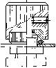 Technische Zeichnung eines mechanischen Bauteils mit gestrichelten Linien und Schraffuren zur Darstellung von Schnitten und Durchbrüchen.