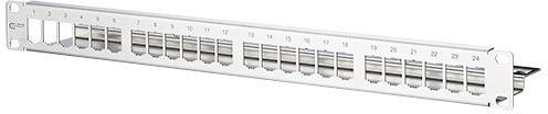 Ein leeres Patchpanel mit 24 Ports, geeignet zur Rackmontage in einem Serverraum, ermöglicht Kabelorganisation und Netzwerkverbindungen.