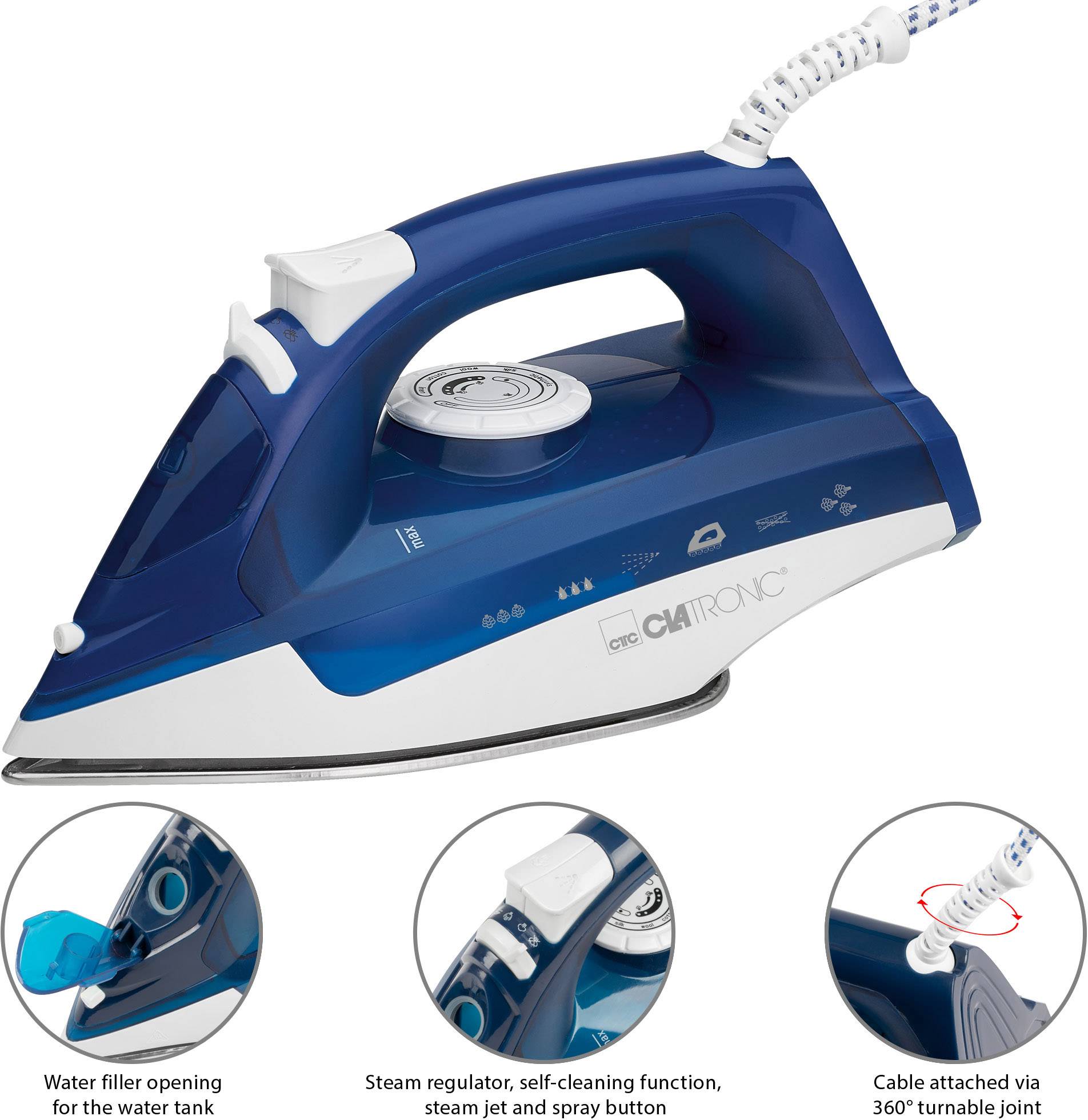Ein blaues Dampfbügeleisen mit einem Wasserfüllöffnung, Dampfregler, Selbstreinigungsfunktion und einem 360° schwenkbaren Kabelanschluss.