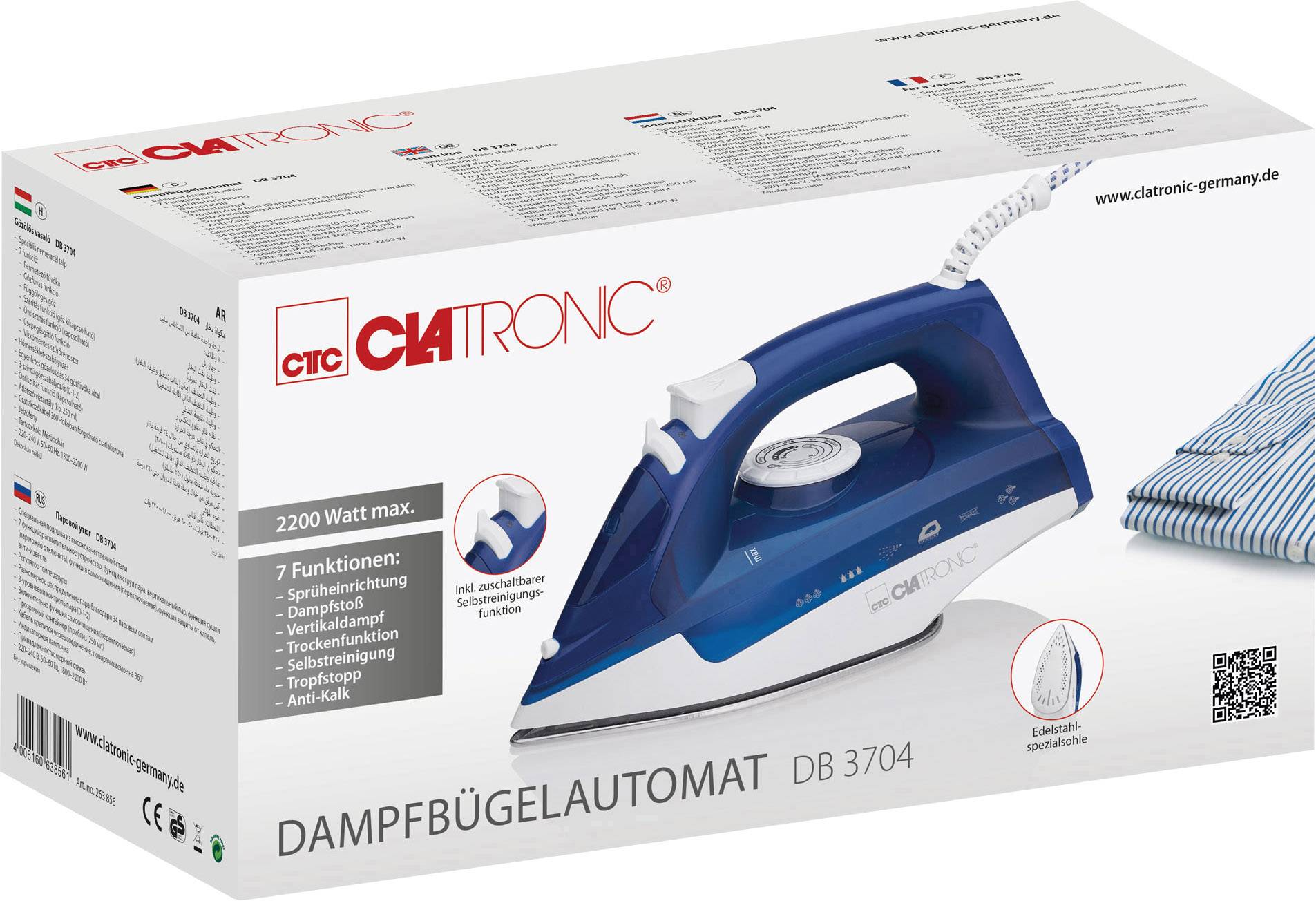 Eine Verpackung mit einem blauen Dampfbügeleisen der Marke Clatronic, Modell DB 3704, mit 2200 Watt, abgebildet. Hauptfunktionen sind Sprühfunktion, Dampfstöße und Selbstreinigung.