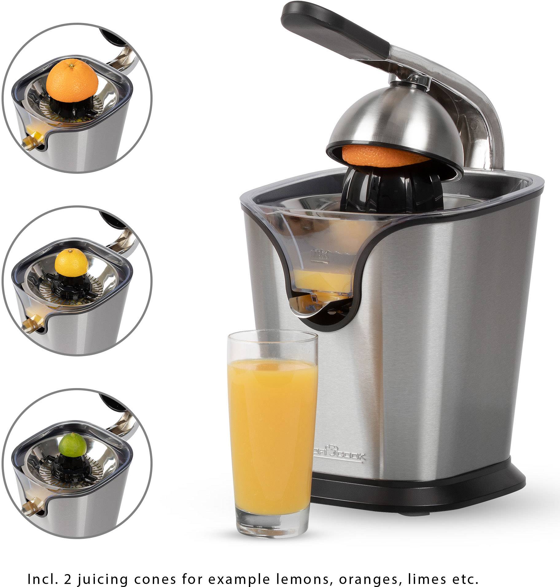 Elektrische Zitruspresse aus Edelstahl mit Hebelarm. Enthält Orangensaft in einem Glas. Drei Bilder zeigen verschiedene Zitrusfrüchte beim Pressen.