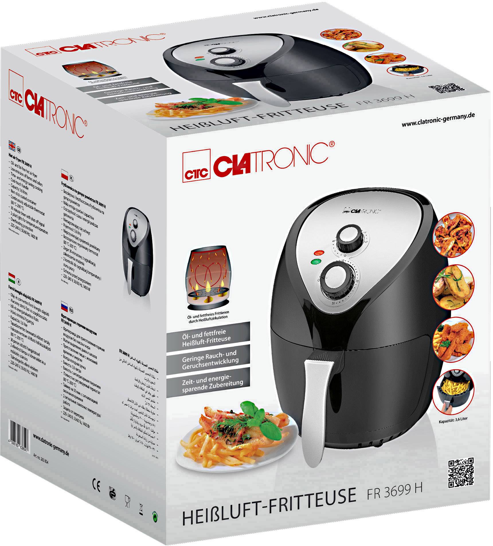Clatronic FR 3699 Heißluft-Fritteuse 3.6 l 1400 W mit manueller Temperatureinstellung Schwarz