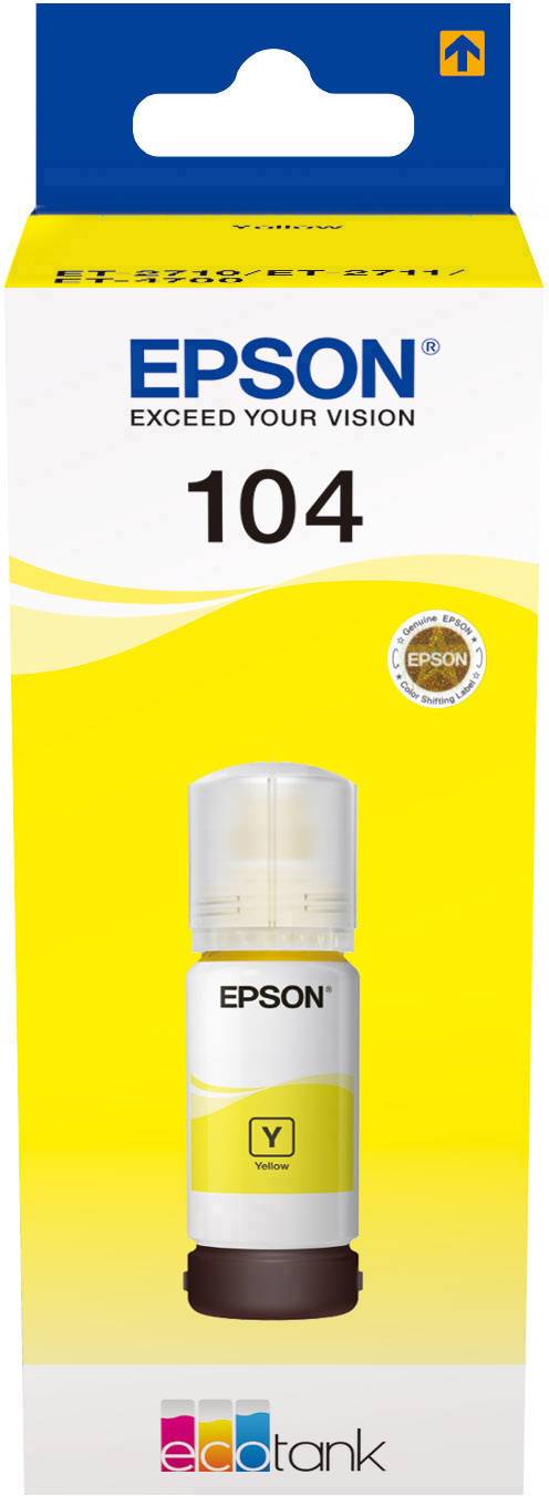 'Epson 104'-Tintenflasche in Gelb, geeignet für EcoTank-Drucker. Verpackung mit Markenlogo, Produktbild und Farbkennzeichnung.