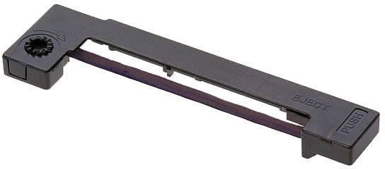 Ein schwarzes Druckerfarbband in einem Kunststoffgehäuse. Auf dem Gehäuse sind die Wörter 'EJECT' und 'PUSH' geprägt.