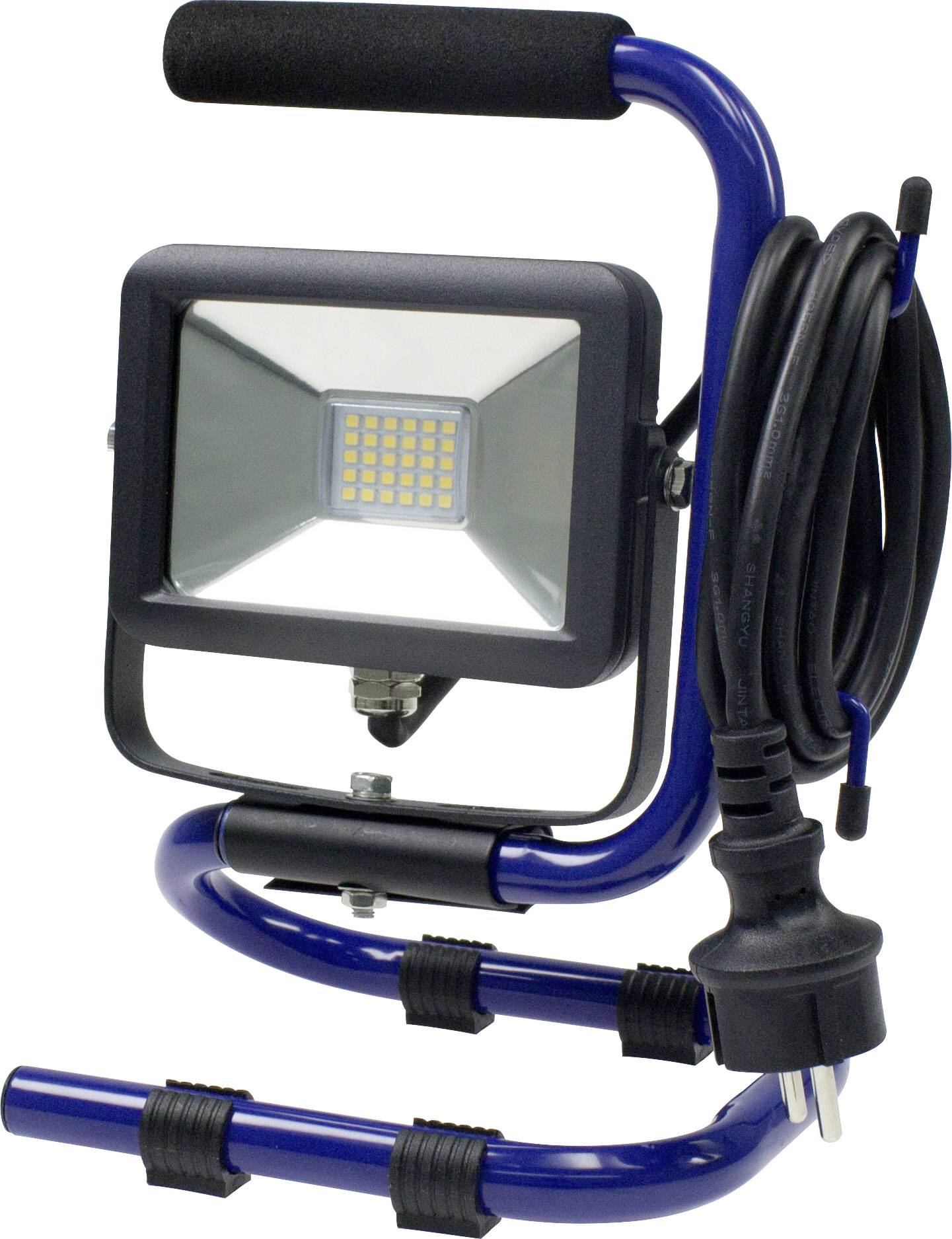 Ein tragbarer LED-Arbeitsstrahler mit blauem Ständer und schwarzem Griff, ausgestattet mit einem langen Stromkabel und Euro-Stecker.