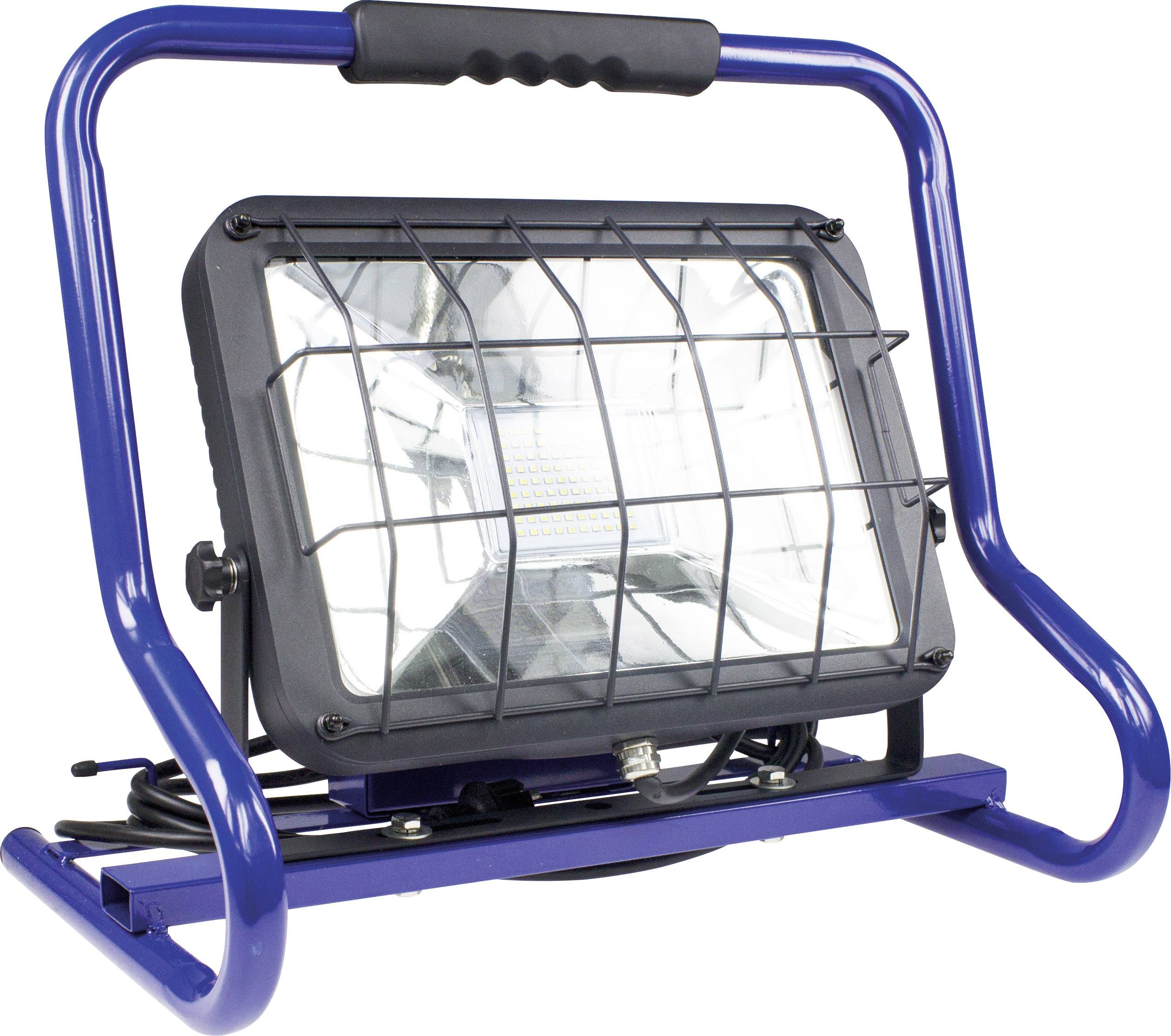 Blauer tragbarer LED-Baustrahler mit Schutzgitter auf stabilen Metallrahmen. Eignet sich für Baustellen und Außenbeleuchtung.