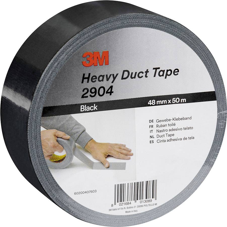 '3M Heavy Duct Tape 2904', schwarzes Gewebeklebeband, 48 mm x 50 m, Abbildung zeigt Hände, die das Band verwenden.