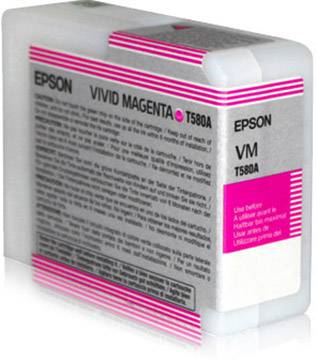 Epson Vivid Magenta Tintenpatrone T580A, hauptsächlich grau mit pinken Details, Produktinformationen und Nutzungshinweise sichtbar.