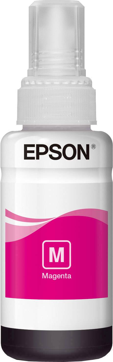 Epson Tintenflasche, Magenta, zeigt das 'M'-Symbol und die Aufschrift 'Magenta' auf einem weißen Hintergrund mit pinkem Design.