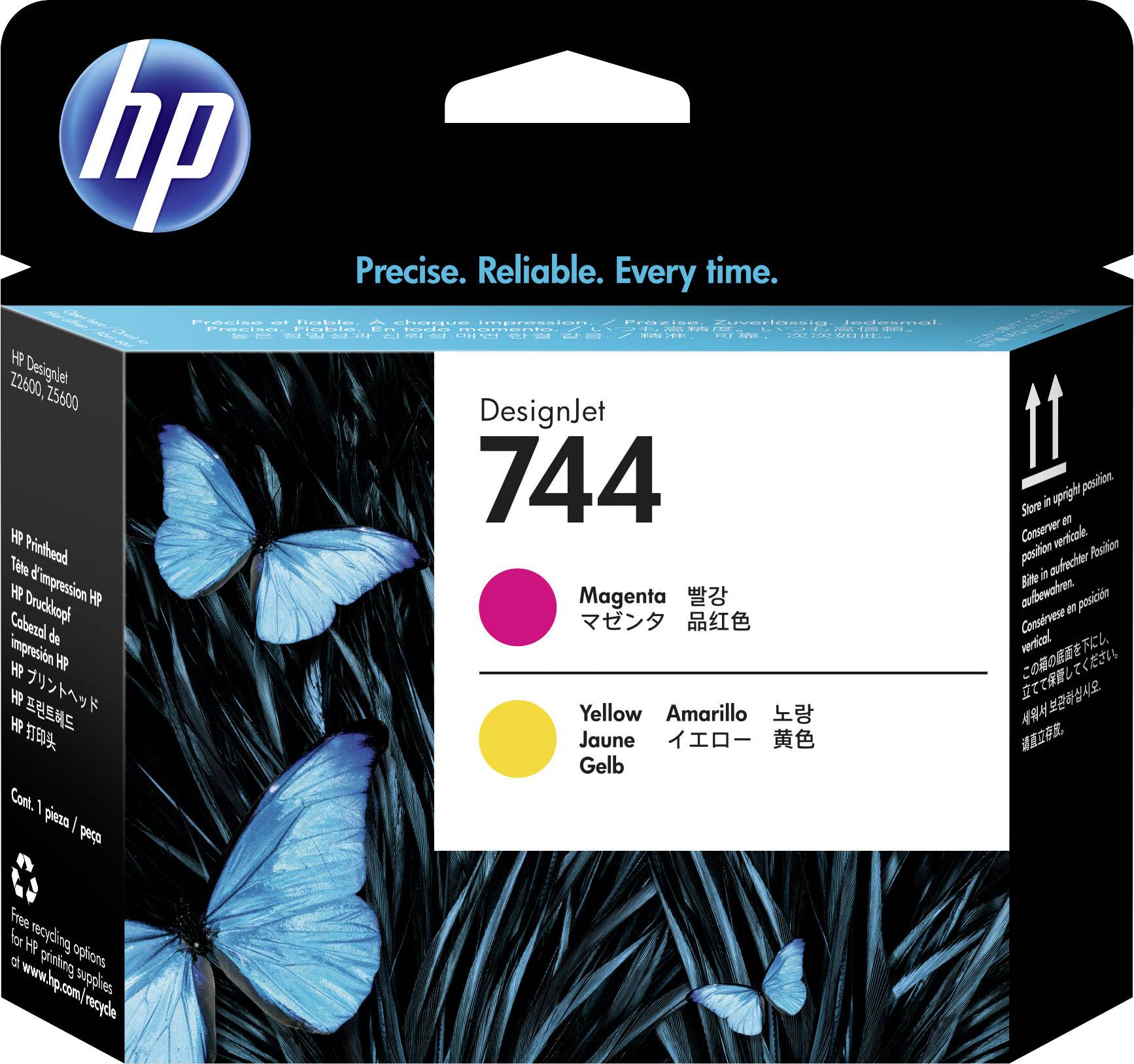HP DesignJet 744 Tintenpatrone in Magenta und Gelb. Verpackung zeigt blaue Schmetterlinge auf schwarzem Hintergrund.
