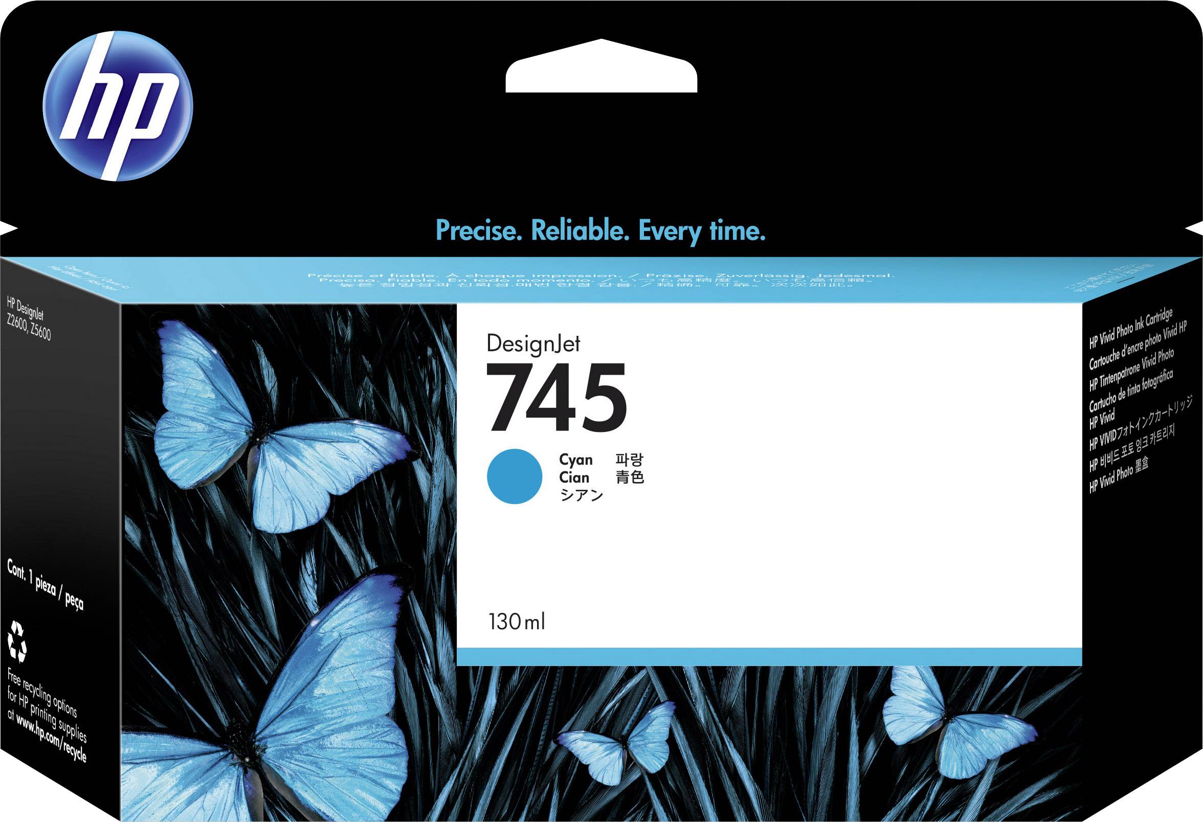 HP-Tintenpatrone 745, Cyan, 130ml. Verpackung zeigt blaue Schmetterlinge und Gräser. Text oben: 'Precise. Reliable. Every time.'