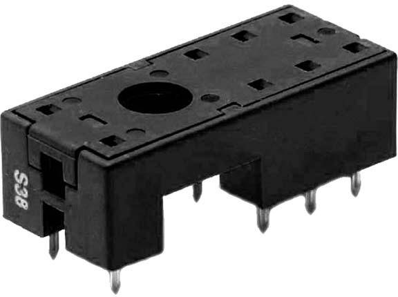 Ein schwarzer IC-Sockel aus Kunststoff mit mehreren Pins in zwei Reihen für elektronische Bauteile.