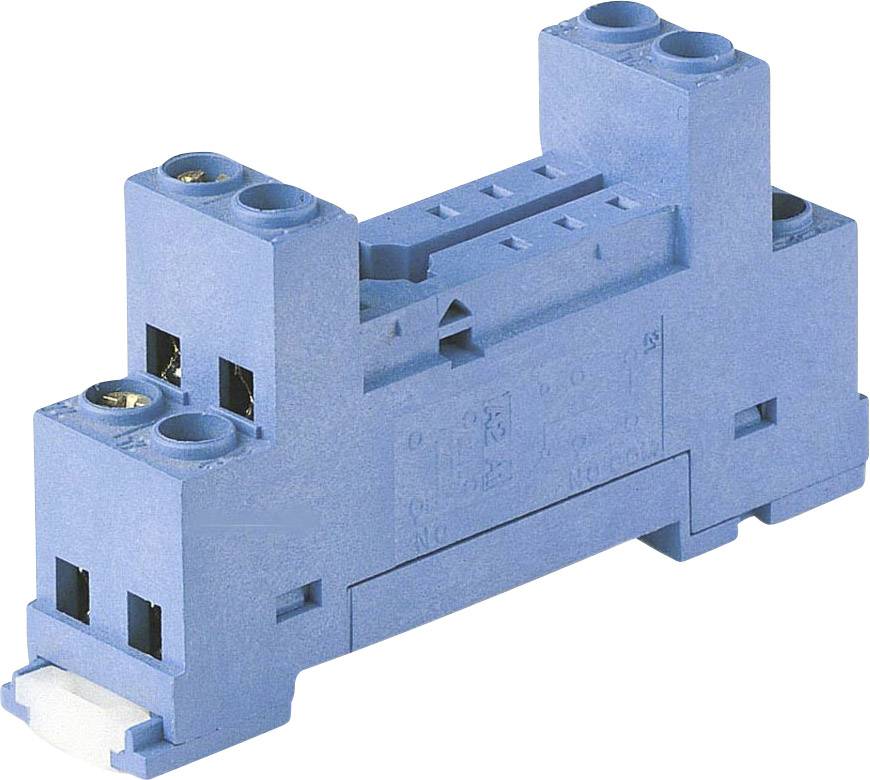 Ein blauer elektrischer Stecksockel mit mehreren Anschlussstellen, verwendet zur Montage auf einer DIN-Schiene in elektrischen Schaltanlagen.