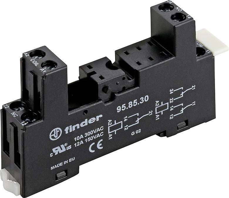 Ein schwarzer Relais-Sockel von Finder mit der Aufschrift '95.85.30'. Geeignet für 300VAC, 10A. Symbole und Spezifikationen sind aufgedruckt.