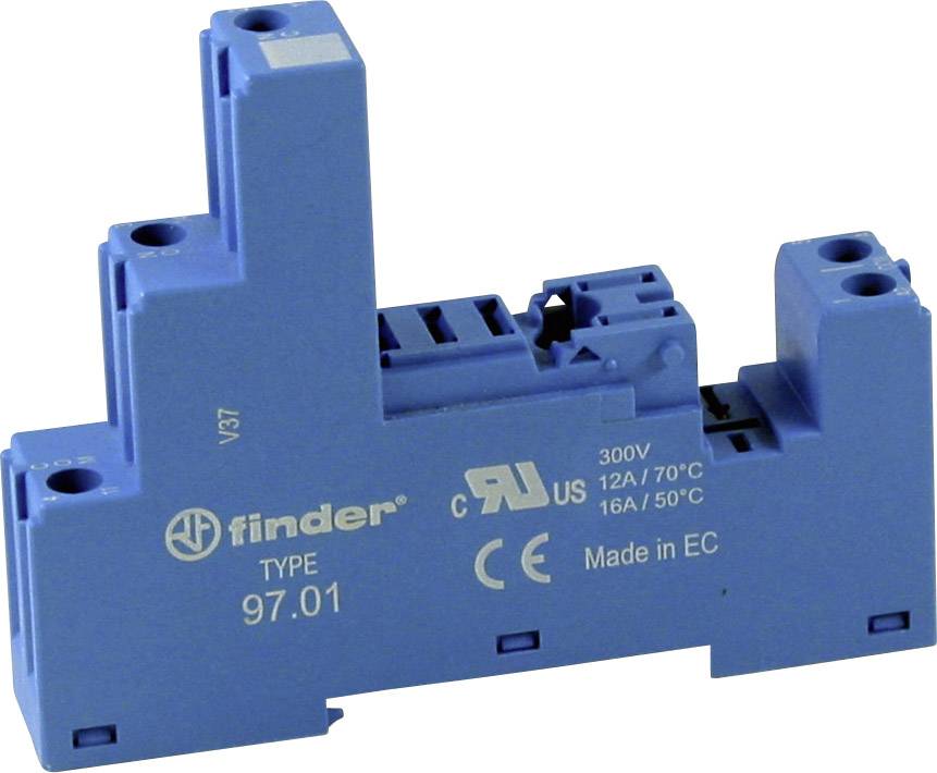 Elektrischer Sockel in Blau mit der Aufschrift 'finder TYPE 97.01'. Zertifizierungen: CE, UR. Spannung: 300V. Hergestellt in EC.