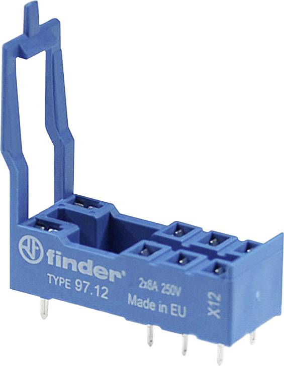 Blauer Relaissockel 'Finder TYPE 97.12', 2x8A 250V, Made in EU mit acht Steckplätzen und integrierter Halteklammer.