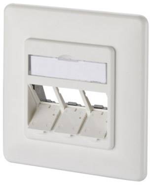 Ein weißes, dreifaches Netzwerkanschlussfeld in einer Wandplatte, vorinstallationiert für modulare Einsätze, geeignet für Ethernet-Verbindungen.