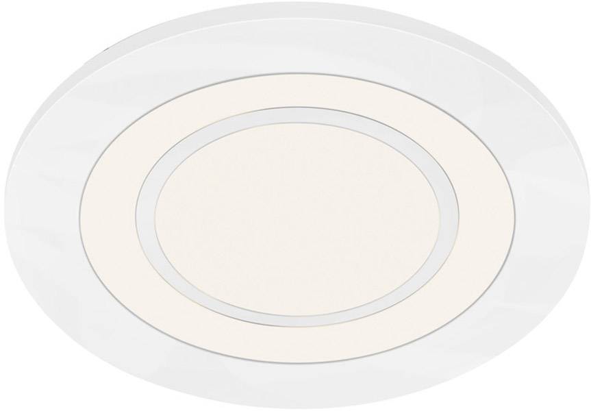 Runde Deckenleuchte mit modernem, schlichtem Design. Hauptsächlich weiß, mit einem inneren Kreis in warmem, weichem Licht.