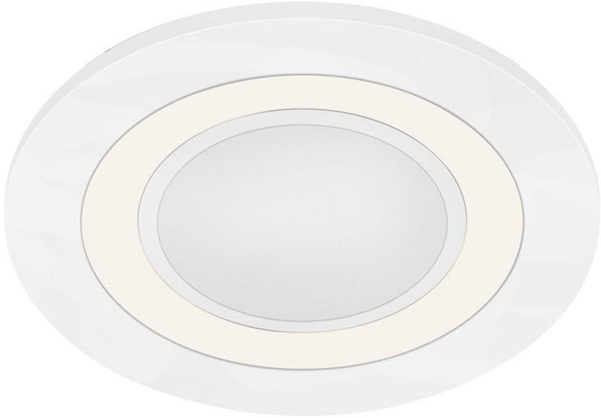 Runde, weiße LED-Deckenlampe mit einem äußeren Ring zur gleichmäßigen Lichtverteilung; minimalistisch und modern designt.