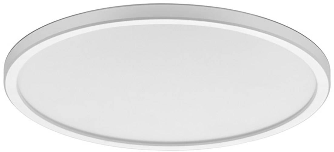 Runde, flache LED-Deckenleuchte mit weißem Rahmen und diffuser Lichtabdeckung, geeignet für moderne Innenräume.