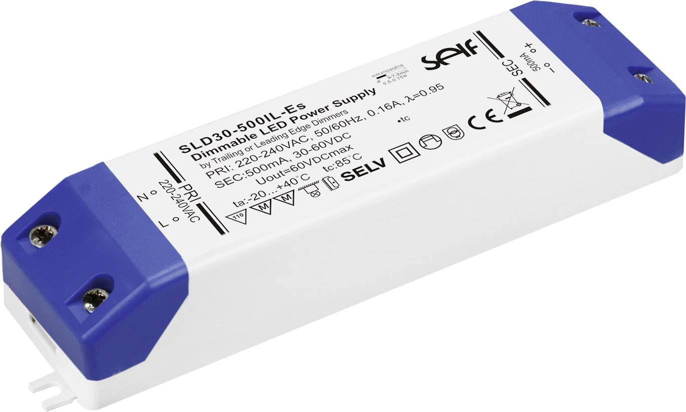 LED-Treiber mit blauen Endkappen und technischen Spezifikationen aufgedruckt. Geeignet für dimmbare LED-Beleuchtungssysteme.