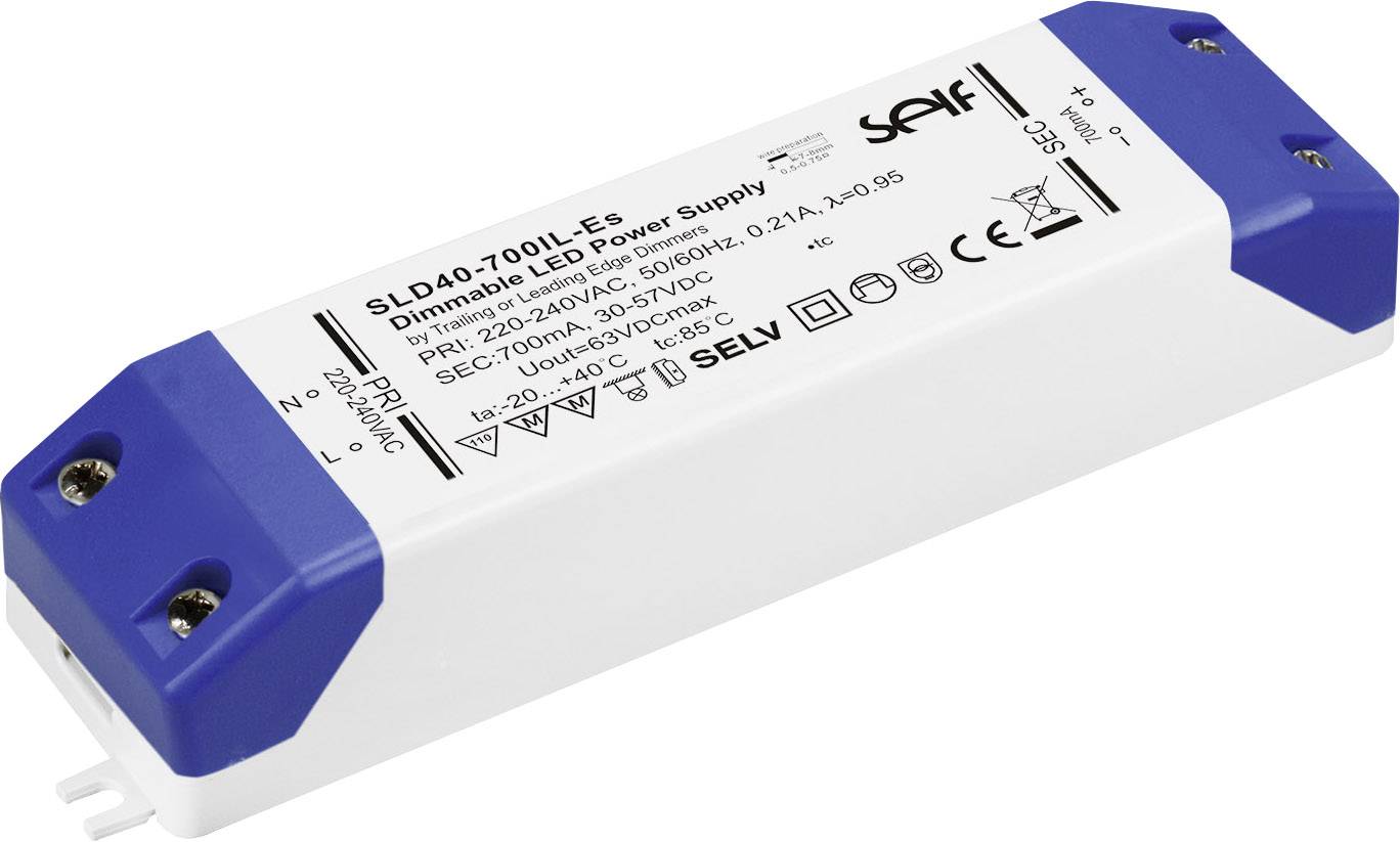 Rechteckiges, weißes LED-Netzteil mit blauen Endkappen. Modell SLD40-700IL-E5 für dimmbare LED-Lampen, Input 220-240V AC, Output 30-56V DC.