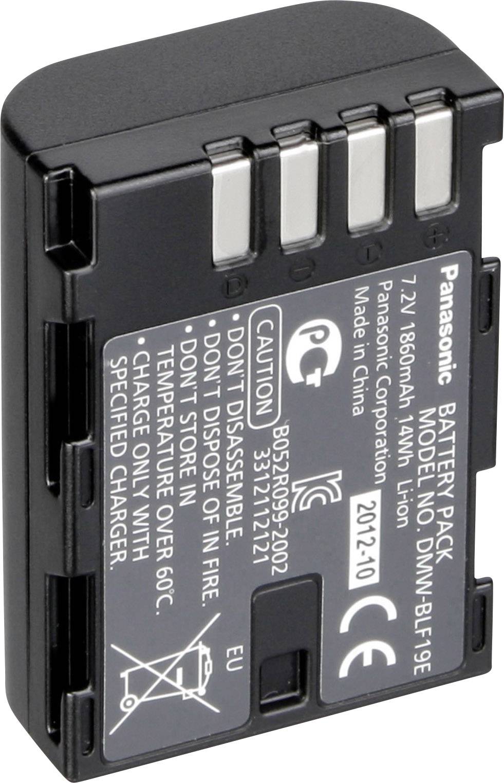 Wiederaufladbarer Panasonic Kamera-Akku mit 7,2V, 1860mAh. Enthält Warnhinweise: nicht auseinanderbauen, nicht im Feuer entsorgen.