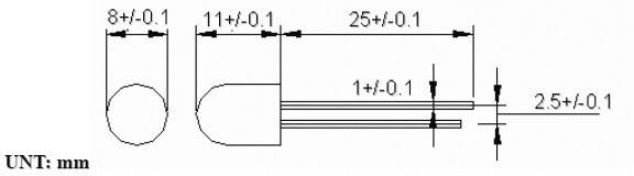 Technische Zeichnung eines LED-Komponentenlayouts mit Maßangaben in Millimetern: 8±0,1, 11±0,1, 25±0,1, 1±0,1, 2,5±0,1.