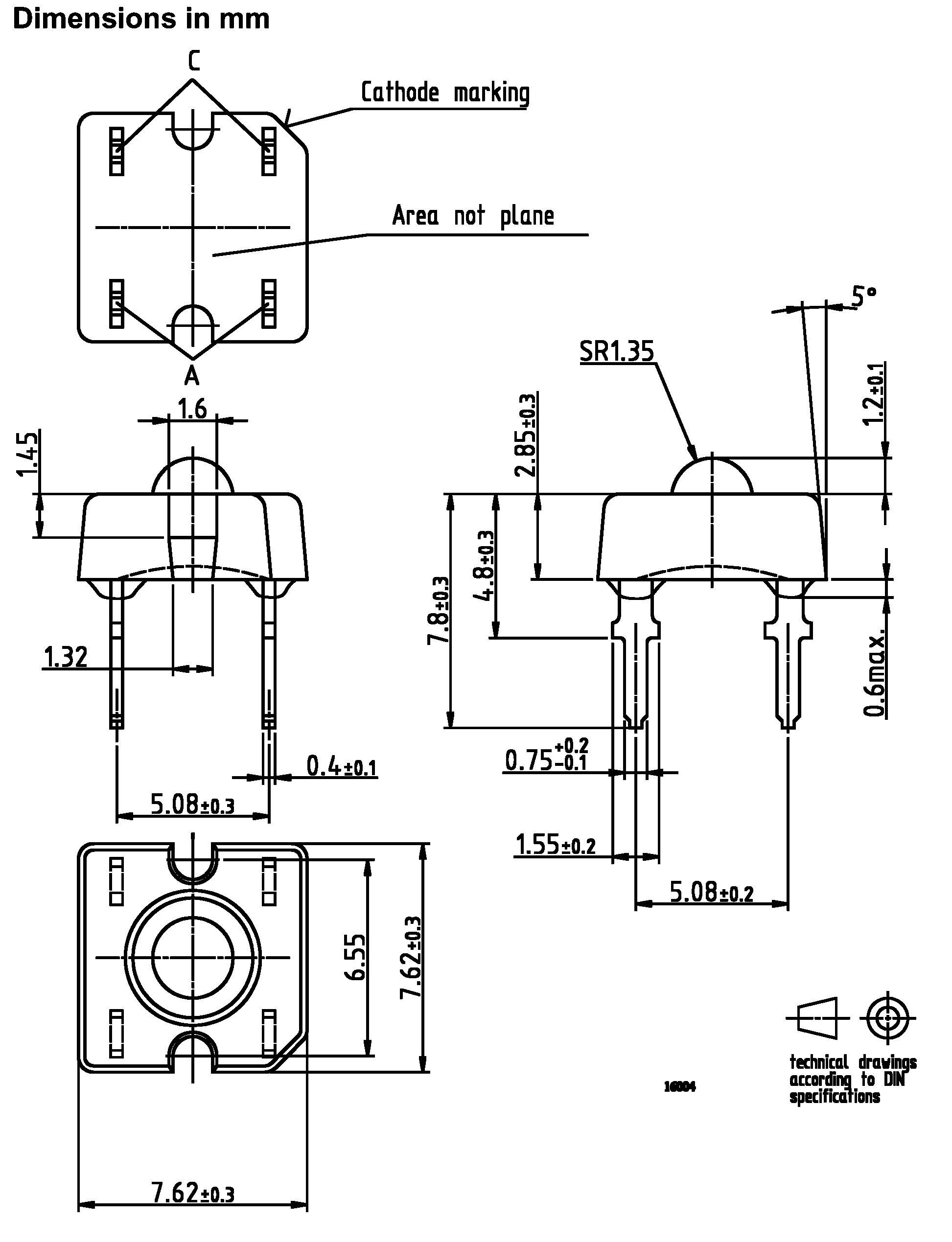 Technische Zeichnung eines elektronischen Bauteils in mm. Zeigt Ansichten mit Maßen, Markierungen und Notizen zur Montage.