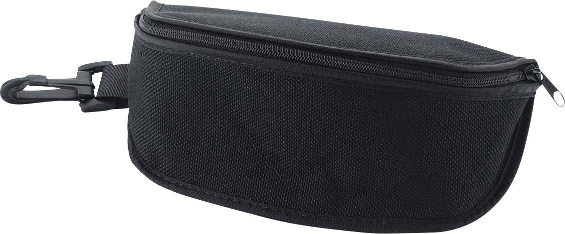 Eine schwarze, ovale Tasche mit Reißverschluss und Karabinerhaken zur Befestigung.