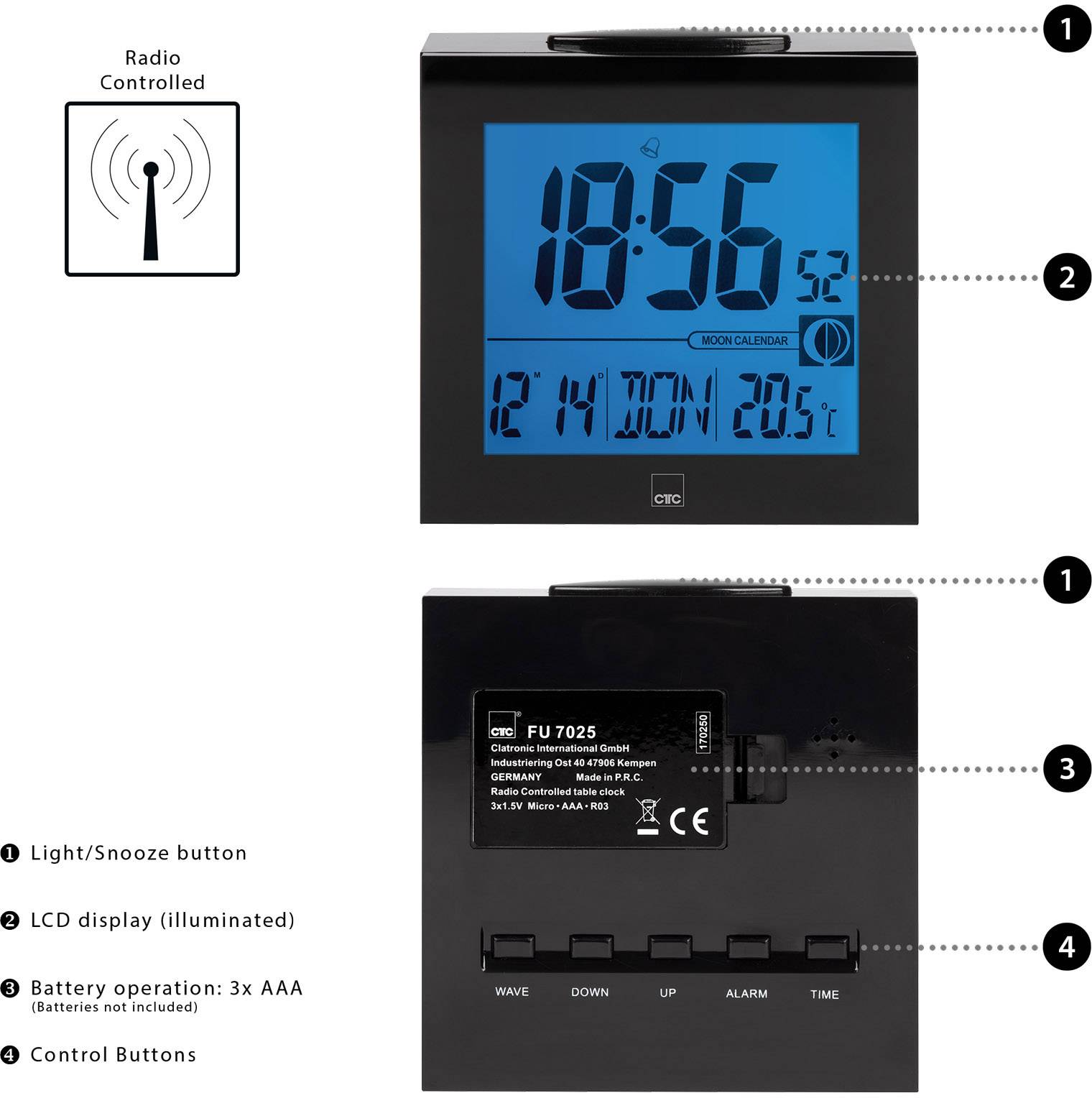 CTC 170250 Funk Funkuhr Schwarz Alarmzeiten 1
