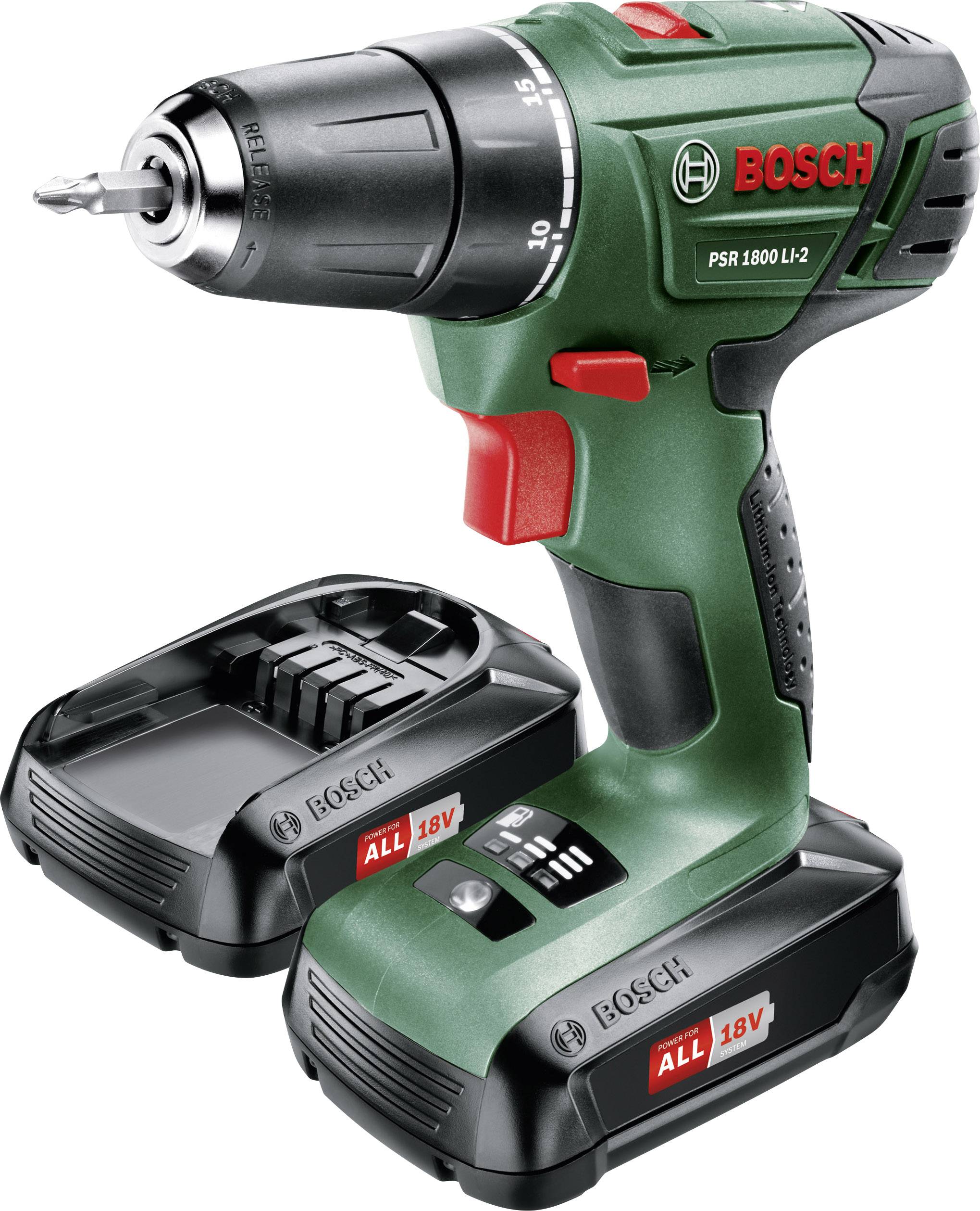Bosch Home and Garden PSR 1800 LI-2 06039A310S Akku-Bohrschrauber 18 V 1.5 Ah Li-Ion inkl. 2. Akku, inkl. Koffer