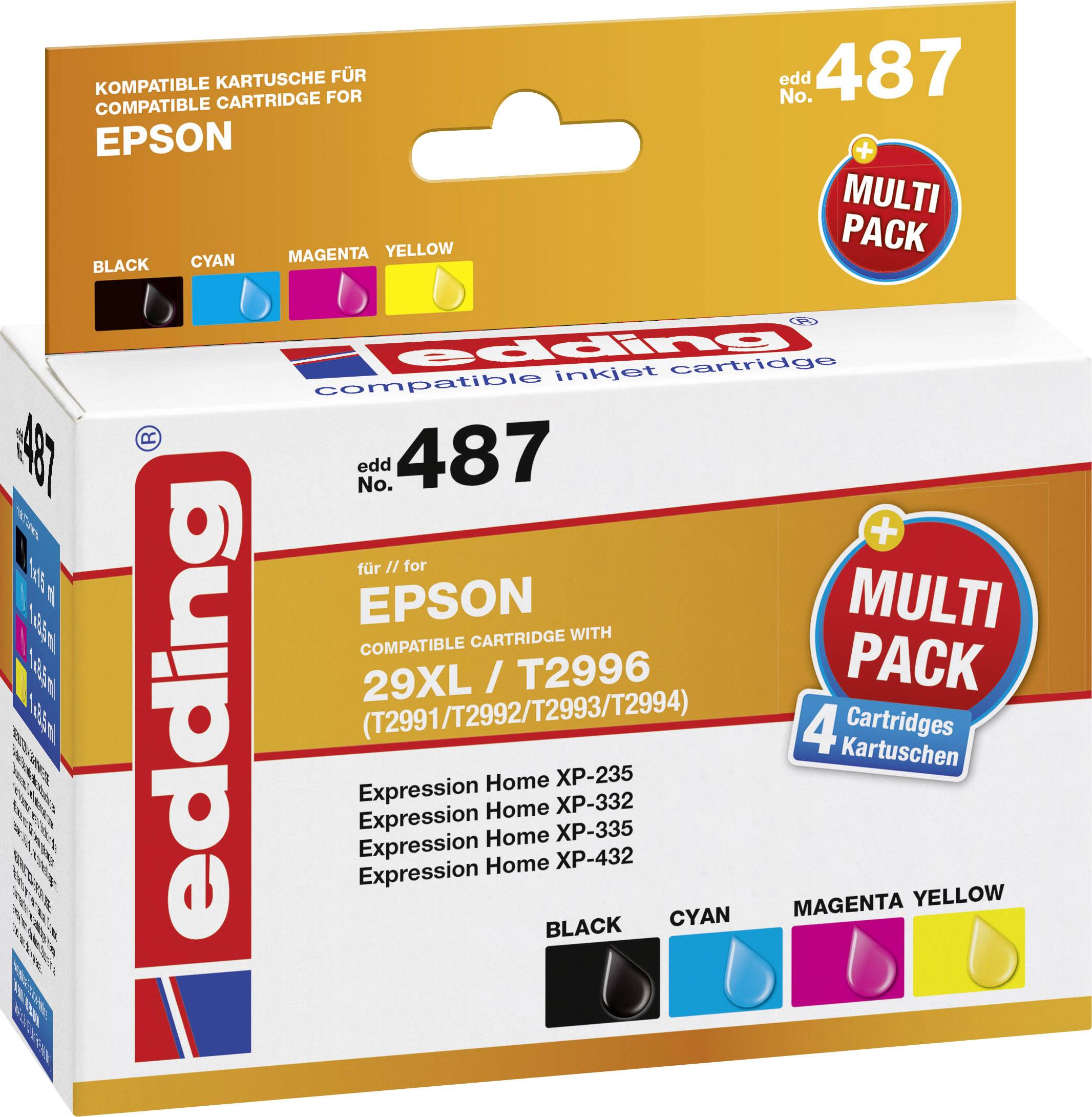 Edding Druckerpatrone ersetzt Epson 29XL, T2996, T2991, T2992, T2993, T2994 Kompatibel Kombi-Pack Schwarz, Cyan, Magenta, Gelb EDD-487 18-487