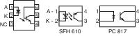 Schaltbilder von Optokopplern: links mit LED und Transistor, Mitte mit Diodensymbol (SFL 610), rechts mit LED und Diode (PC 617).