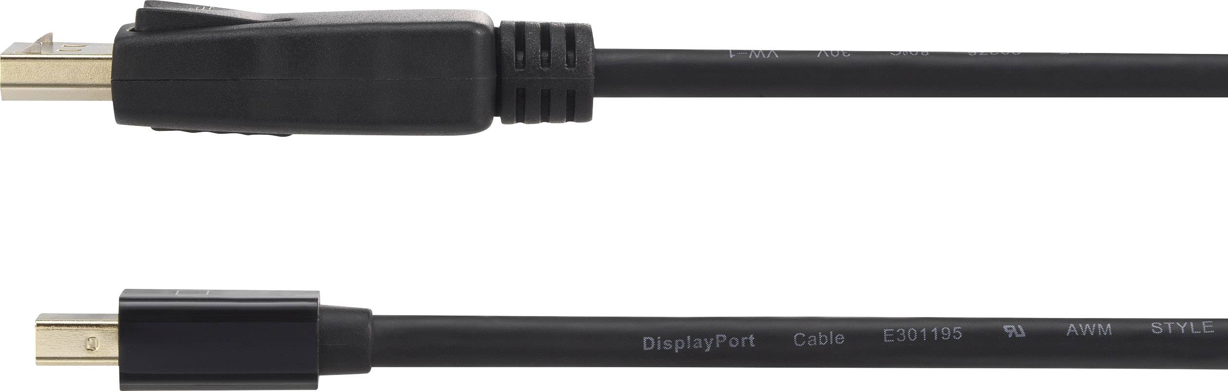 Ein schwarzes DisplayPort-Kabel mit zwei unterschiedlichen Steckern an den Enden.