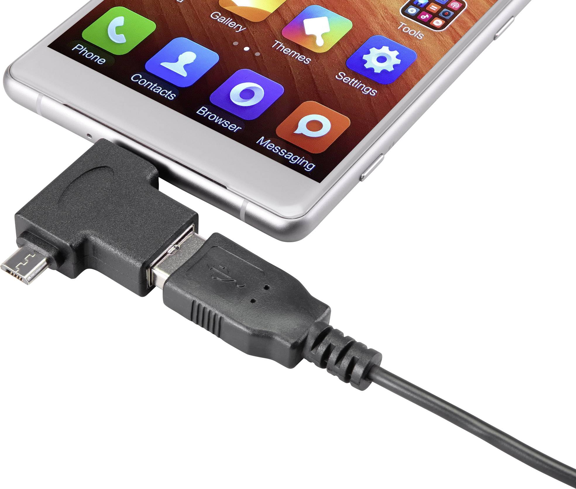 Ein Smartphone ist mit einem Adapterkabel verbunden. Auf dem Bildschirm sind Apps wie Telefon, Galerie, Kontakte und Browser sichtbar.