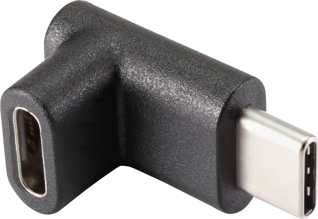 Ein schwarzer USB-C-Adapter mit einem USB-C-Stecker und einer seitlich angebrachten USB-C-Buchse, für Winkelverbindungen.