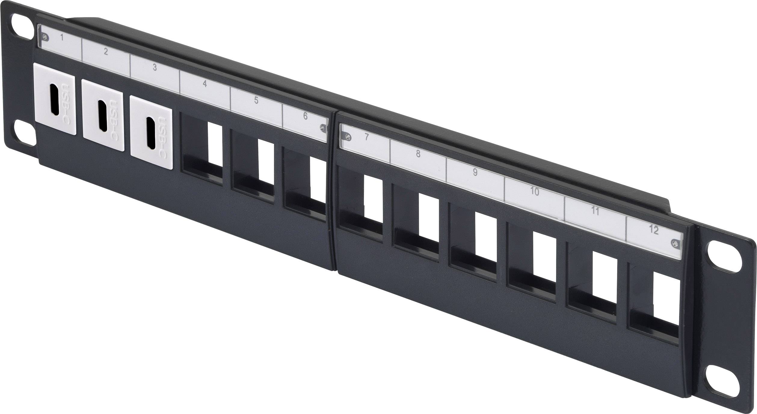 Patchpanel mit 12 leeren Steckplätzen, nummeriert von 1 bis 12, verwendet zur Organisation und Verwaltung von Netzwerkkabeln in Racks.