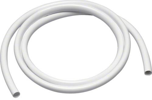 Weißer, flexibler Kunststoffschlauch in Ringform, auf heller Oberfläche liegend.