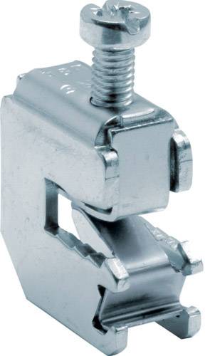 Metallische C-Klemme mit Schraube, oft verwendet für die Befestigung an strukturellen Elementen in elektrischen Installationen.