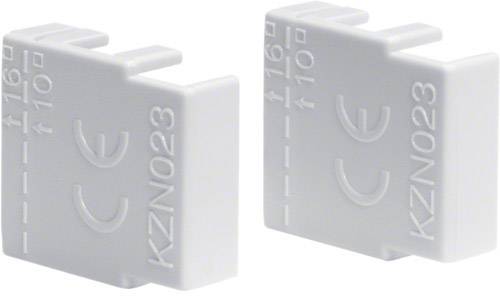 Zwei weiße Kunststoffteile mit der Aufschrift 'CE' und 'KZN023', symmetrisch zueinander ausgerichtet.