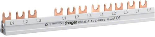 Hager KDN363F Phasenschiene mit acht Kupferzähnen zur Stromverteilung. Geeignet für AC 230/400V, 10mm², L1, L2, L3 markiert.