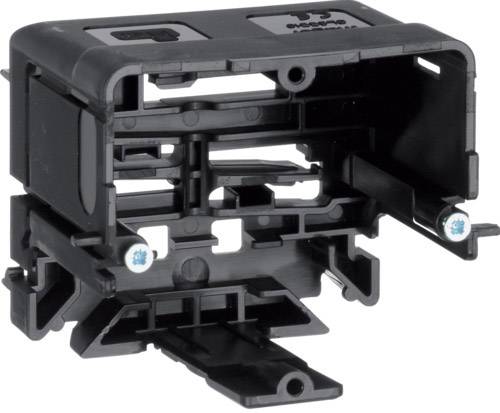 Ein schwarzes Kunststoffgehäuse mit offener Struktur und mehreren befestigten Schrauben, möglicherweise ein Teil eines mechanischen Systems.