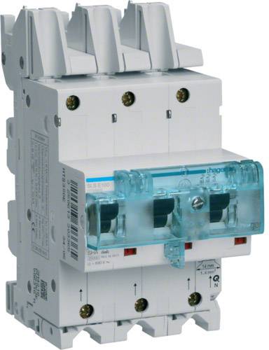 Ein dreipoliger elektrischer Leistungsschalter mit blauer Schutzabdeckung und Beschriftungen für technische Spezifikationen.