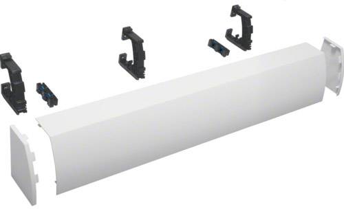 Ein weißer, rechteckiger Kabelkanal mit abnehmbaren Abdeckungen und mehreren schwarzen Halterungen zur Befestigung an der Wand.