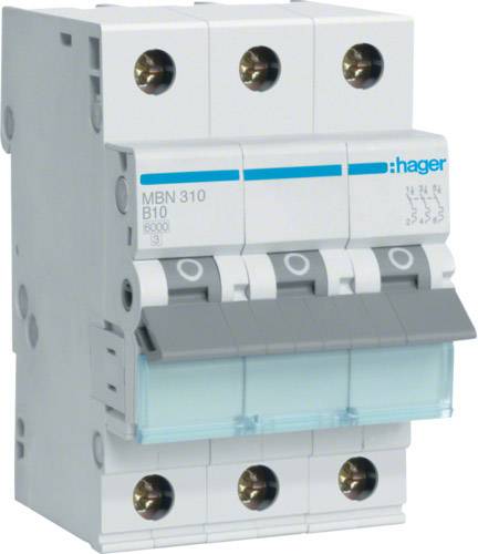 Dreipoliger Leitungsschutzschalter von Hager, Modell MBN 310 B10, 400 V, 5000 A. Vorderansicht des grauen Schalters mit blauer Markierung.