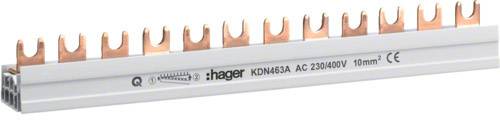 Ein Sammelschienen-System von Hager, Modell KDN465A, für AC 230/400V, 10 mm², mit Kupferklemmen zur elektrischen Verteilung.